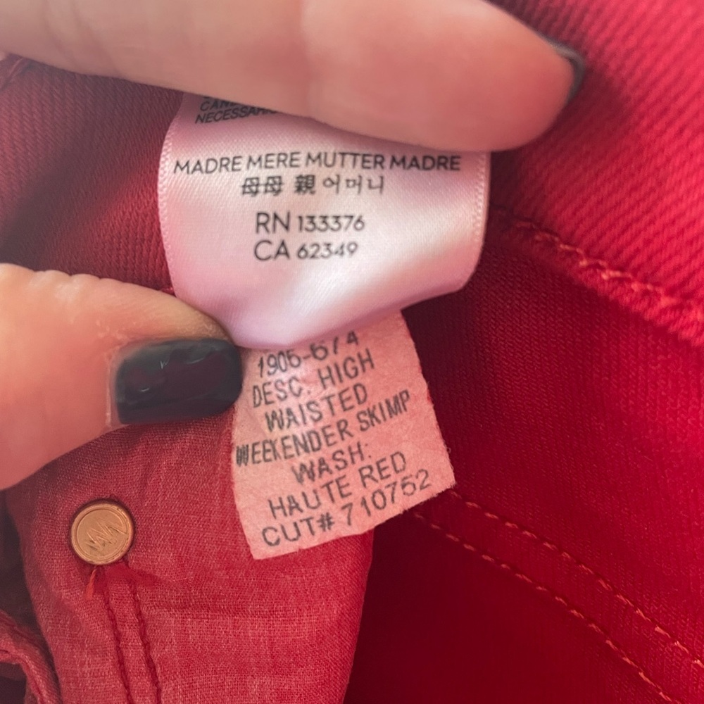 MOTHER Bold Red Denim High Waisted Weekender Skimp Jeans Sz28 - Picture 4 of 12